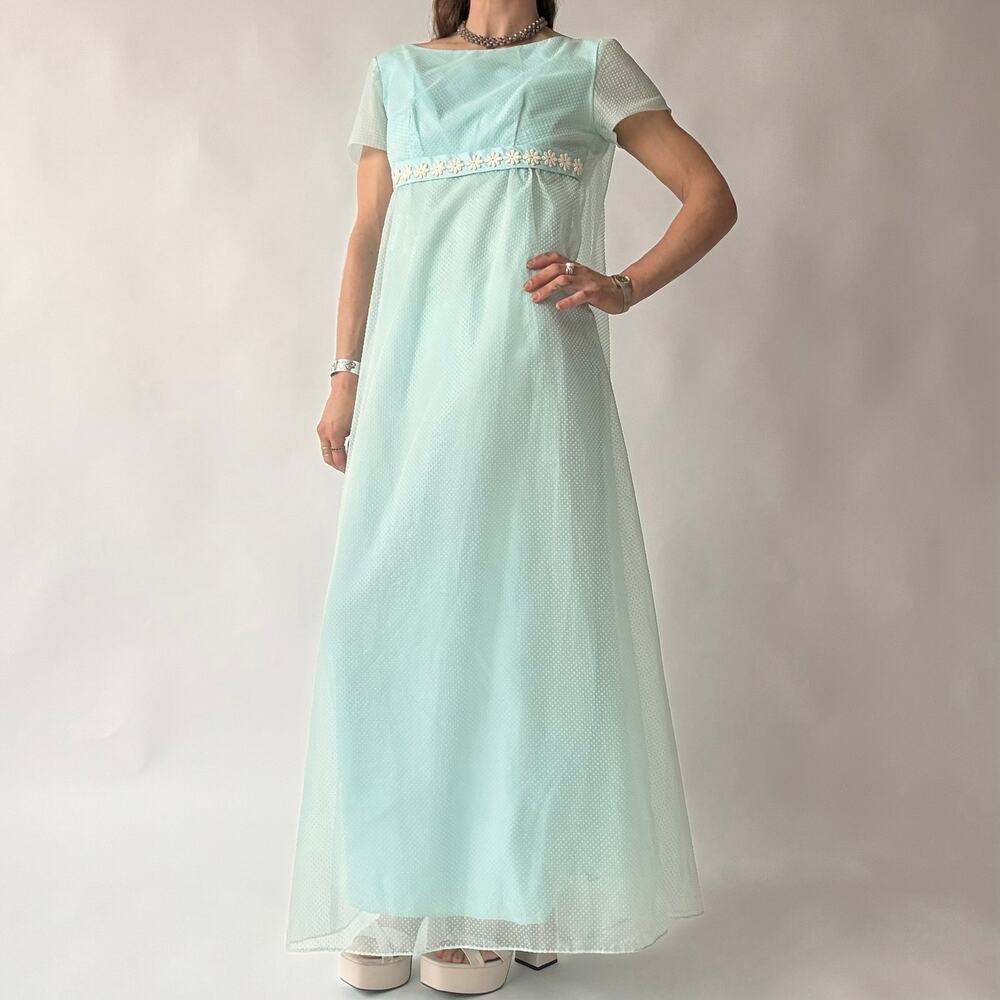 Vintage Lorrie Deb SF Mint Swiss Dot Empire Waist Maxi Dress